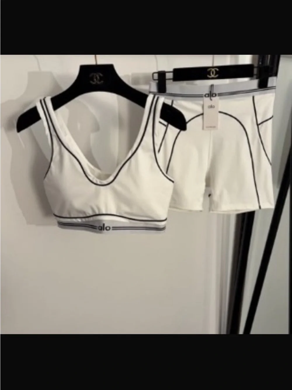 ALO Yoga White Sports Bra & Shorts Set with Black Contrast Piping